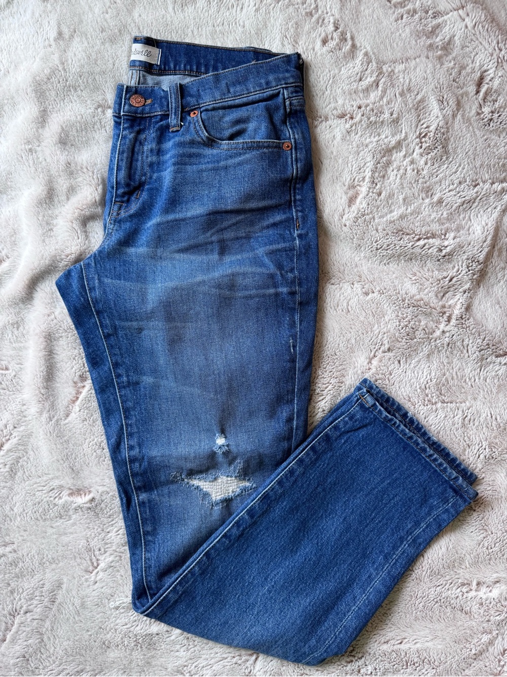 Madewell Slim Boy Jeans in Dark Blue with Faded Distress